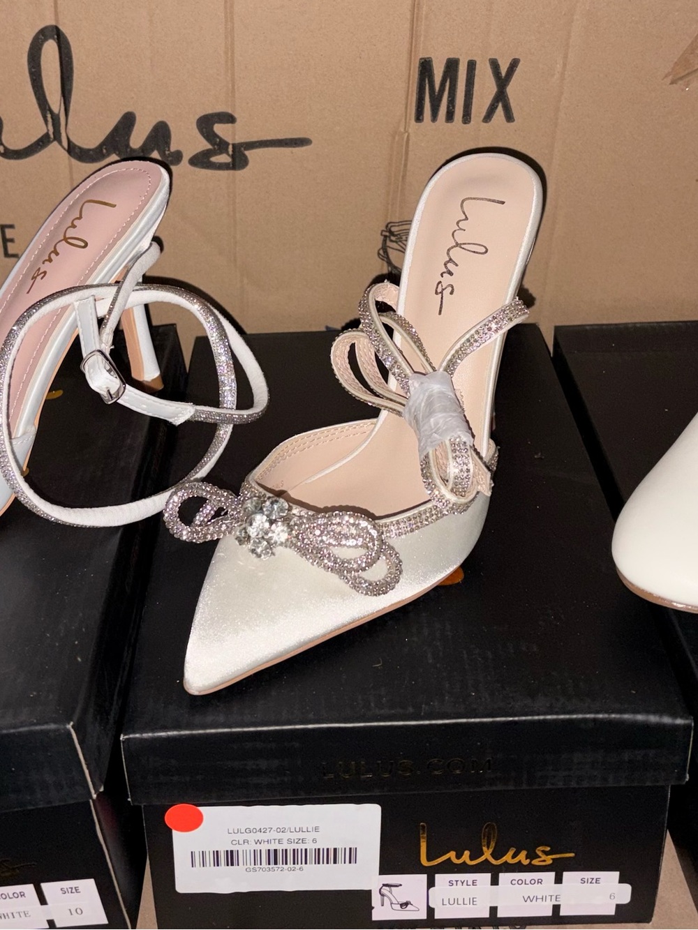 Lulu's White Crystal Bow Pointed Slingback Heels